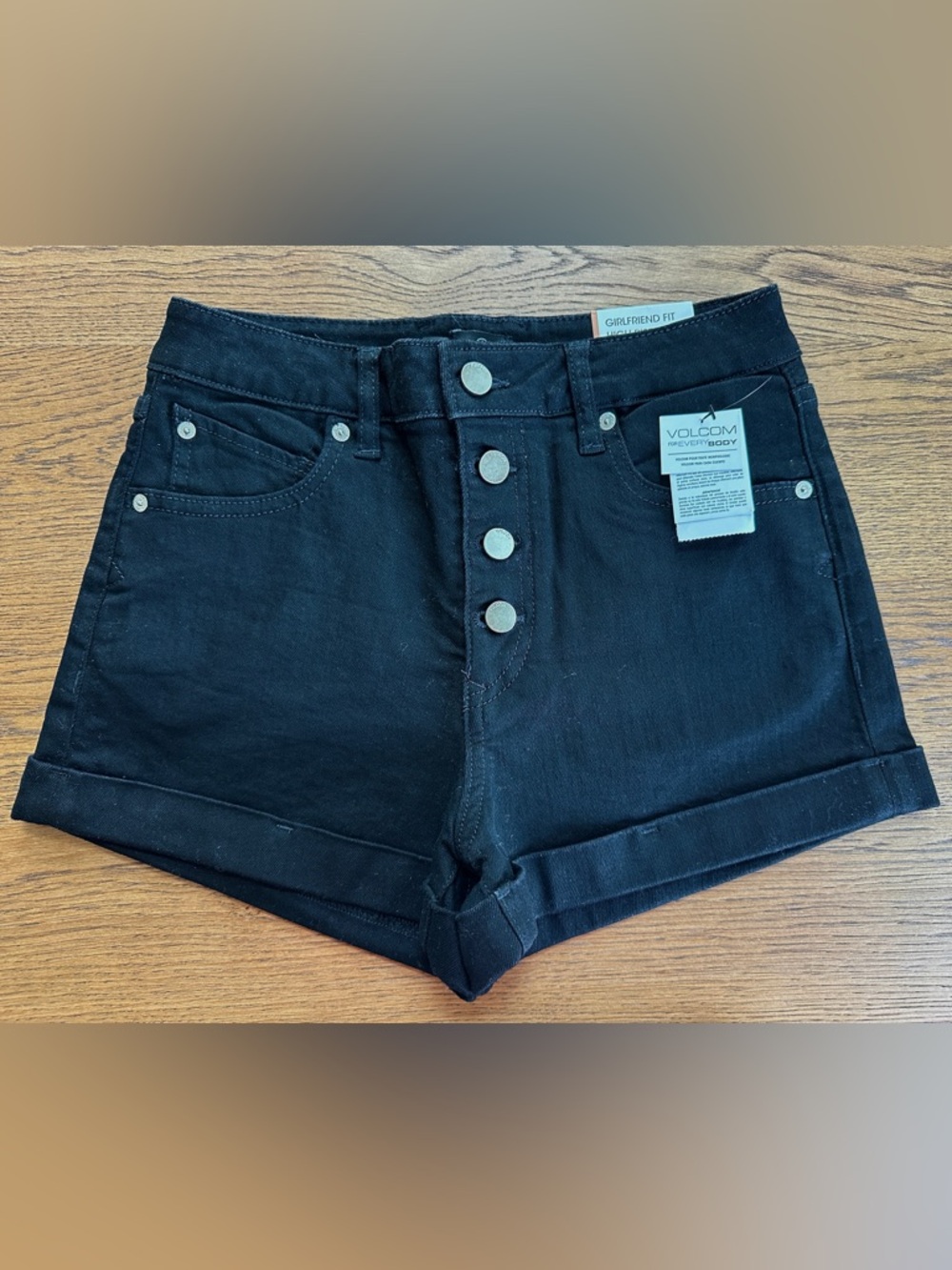 VOLCOM Black High-Rise Button-Front Denim Shorts